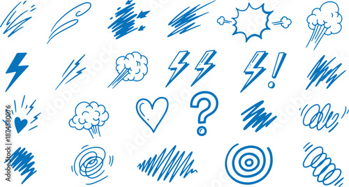 Collection of blue comic book style graphic design elements including lightning bolts clouds hearts and expressive lines on white background for creative projects