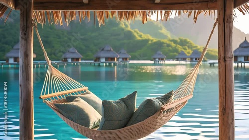 Cinematic Tropical Video of Hammock Over Azure Lagoon with Bungalows and Mountain Backdrop