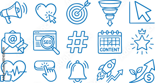 Digital marketing icons set including megaphone heart target seo calendar and more on white background for business and advertising concepts