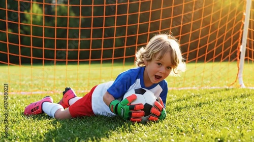 A young boy in a blue and white soccer uniform dives to catch a soccer ball in a sunny outdoor video.