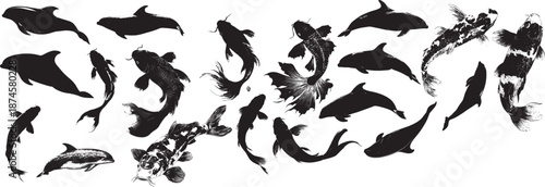 Dynamic Black and White Marine Life Collection: Dolphins, Koi, and Fish Silhouettes & Detailed Illustrations

