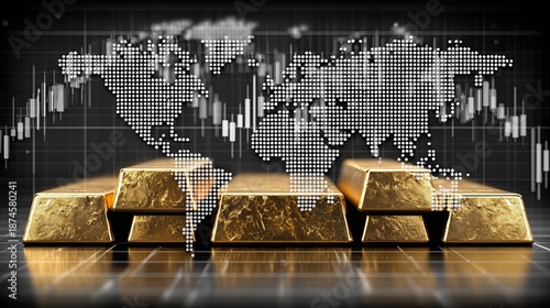 Golden Bullion Bars on Background of World Map with Financial Data