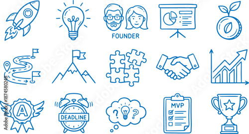 Business startup icons set including founder teamwork planning strategy and success elements on white background