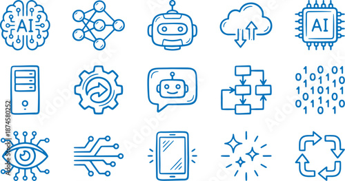 Artificial intelligence icons set brain robot cloud ai chip mobile circuit eye code innovation technology automation future digital network communication data science
