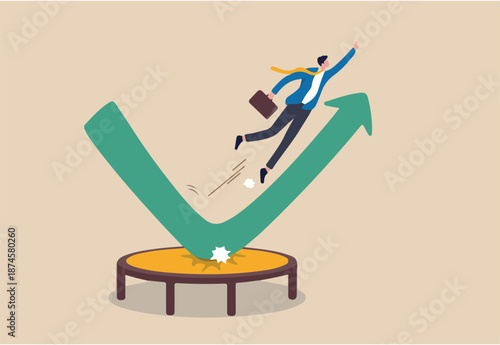 Stock market rebound, overcome business down fall and grow up profit or leadership and achievement concept, businessman jump bouncing high on trampoline with green rising up performance arrow graph