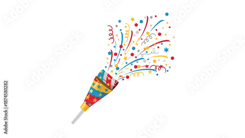 Festive party popper bursting with a cheerful explosion of colorful confetti and curling streamers, symbolizing celebration and joy.