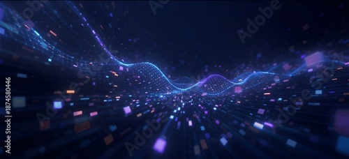 Ultra-cinematic abstract digital data streams with shimmering particles moving through a dark velvet space filled with an intricate network of futuristic technology.