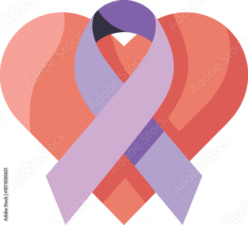 Large lavender awareness ribbon is draped across a stylized, flat pink heart shape symbolizing support and care.