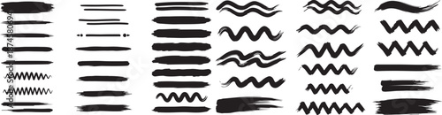 Hand drawn black brush stroke set on white background. Wavy, zigzag and straight line elements for graphic and creative design eps