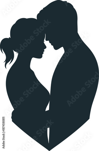 Silhouette profile of a romantic couple embracing closely with their foreheads touching in a dark shape.