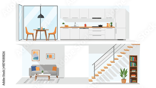 Detailed cross-section illustration of a modern duplex apartment, showcasing a fully equipped kitchen, dining area, living room, and staircase.