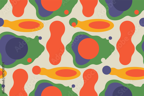 Seamless pattern featuring irregular, colorful amoeba shapes and organic blobs repeating across a light beige background.