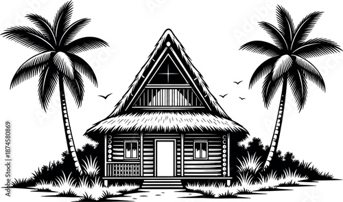 Black and white illustration of a tropical hut with palm trees
