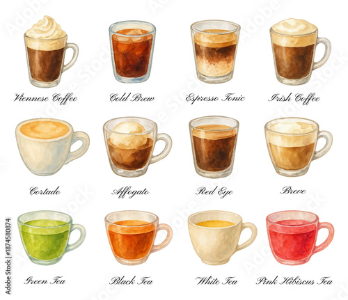 Watercolor coffee and tea drinks icon set, traced vector. Beverages in cups and glasses, colorful cliparts. Cortado, affogato, red eye, breve, viennese coffee, cold brew, green and black tea, etc.