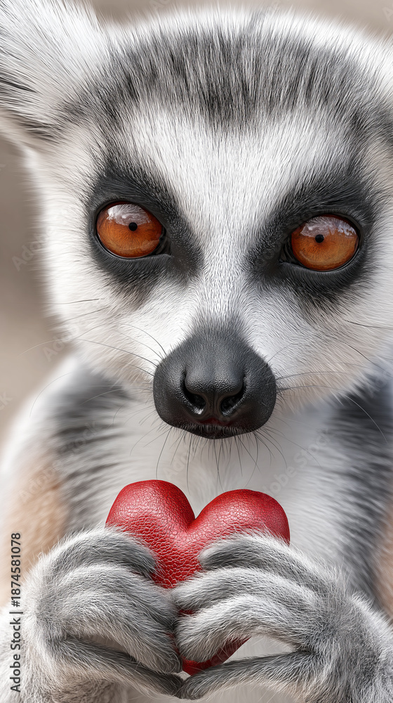 Obraz premium Cute lemur holding a red heart, festive greeting card concept expressing love, care and warmth, suitable for Valentine celebration and romantic design