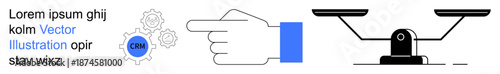 Business strategy, decision-making, customer relationship, balance in strategy, system organization, efficiency. Hand pointing at CRM gear design alongside a scale. Business strategy