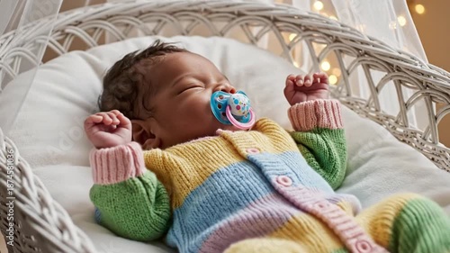 A serene video of a sleeping baby in a cozy wicker bassinet with soft lighting
