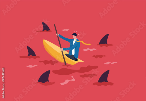 Red ocean market, high competition industry with too many competitors, intense market with challenge or difficult to success concept, businessman in kayak trying to survive in red ocean with sharks.