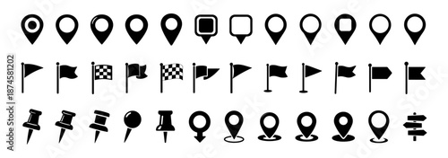 Minimal location pins arrows flags and interface symbols icon set vector on transparent background