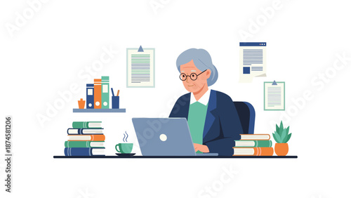 Senior professional woman diligently working on her laptop at a neatly organized desk, surrounded by books and documents.