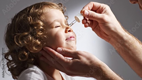 A doctor administering nasal drops to a young child in a clinical video setting.