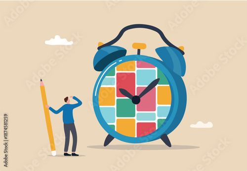 Task management or manage project to do list, productivity tools, schedule and deadline, organize busy work, Kanban board for efficiency concept, project manager hold pencil with task on alarm clock.