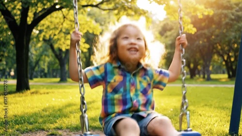 A happy young girl enjoys a fun video swing ride in a sunny park on a beautiful day