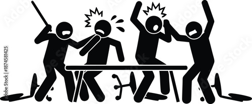Group of people fighting over a table