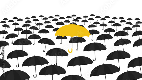 Striking image of a lone yellow umbrella standing out in a vast crowd of black umbrellas, symbolizing uniqueness and individuality.