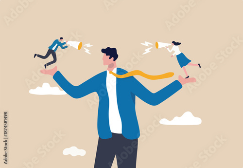 Employee voice, listen to colleague opinion or idea, choose to believe in truth, fact or liar team member concept, businessman manager or boss listening to employees shouting on both his hands.