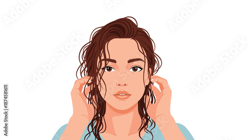 Beautiful young woman gently touching her damp, curly brown hair, suggesting a post-shower or natural hair care moment.