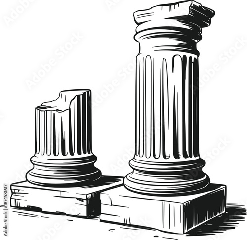 Broken and Standing Columns Ancient Architecture Ruins Illustration.