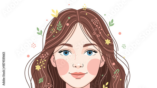 Serene young woman with flowing brown hair adorned with delicate flowers and leaves, symbolizing natural beauty and spring.