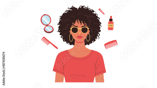 Stylish young woman with voluminous curly hair and fashionable sunglasses, surrounded by various hair care and beauty products.