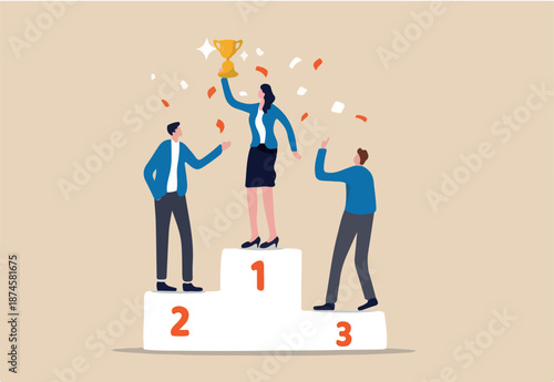 Woman leadership, lady power to lead company or team to win and reach business target concept, confidence smart woman team leader 1st winner with champion cup celebrating success business competition