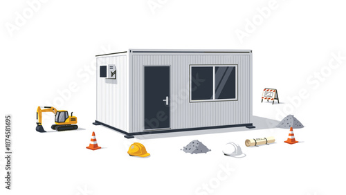 Portable container office situated on a construction site, surrounded by essential building equipment and safety cones.