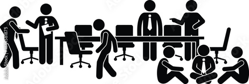 Chaotic office scene with people around the table