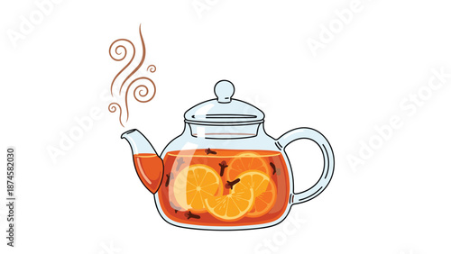 Clear glass teapot filled with hot, steaming citrus and spice infused tea, featuring vibrant orange slices and cloves.