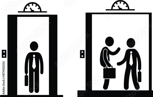 Man entering and greeting colleague in office elevator