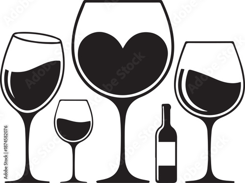 Four Wine Glasses and a Bottle of Wine in a Minimalist Black and White wine bottle drink desi