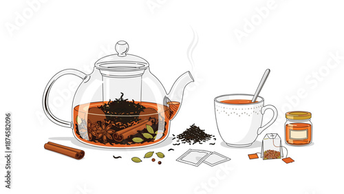 Inviting glass teapot filled with rich black tea and aromatic spices, served with a cup, honey, and tea bags for a comforting brew.