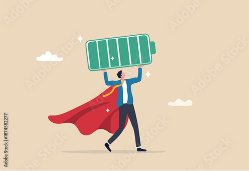 Full battery recharge, full energy to work or refresh from exhaustion, burnout recover, fuel employee or productive and efficient concept, energetic businessman superhero carry full recharge battery.