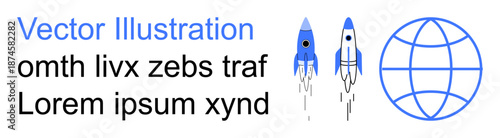 Space exploration, global communication, technology innovation, science education, astronomy . Two blue rockets and a simple globe icon. Space exploration and global communication concept