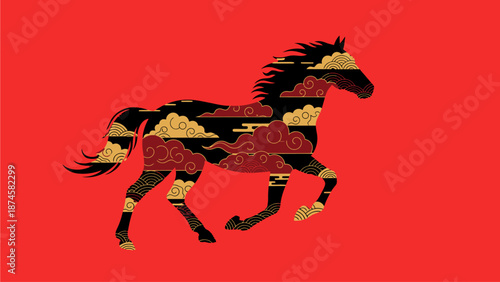 Vibrant Red Background with Whisk Auto Styled Horse Illustration via RJ Design