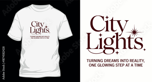 City lights typography tshirt design with modern serif font and star icons
