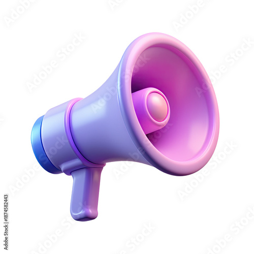 Vibrant 3d purple megaphone loudspeaker bullhorn with handle trigger and horn bell isolated on transparent background.
