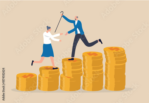 Retirement saving or investment pension fund, planning for wealth and expense for living after retire concept, happy rich elderly couple old man and woman walking on stack of growth money coins saving