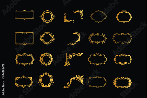 Luxury Golden Ornament Frame Pack with Baroque Rococo Scrollwork on White Background