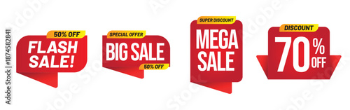 Set of red sale banners and discount tags for sales promotion