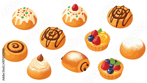 Delicious pixel art assortment of sweet pastries, featuring frosted buns, chocolate cinnamon rolls, fruit tarts with berries, and a powdered sugar pain au chocolat.